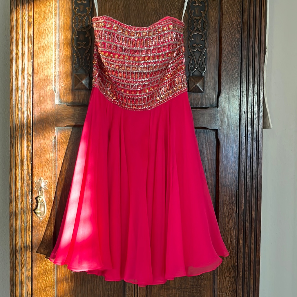 Sherry Hill Homecoming Strapless Pink Skater Embellished Beaded Prom Dress Xs 2